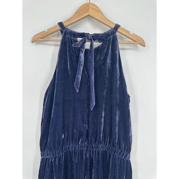 Ann Taylor LOFT Halter Crushed Velvet Jumpsuit Tie Back Straight Leg Blue Petite - Picture 9 of 13